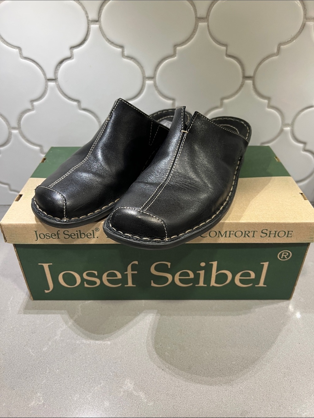 Josef Seibel Black Leather Slip-On Clogs
